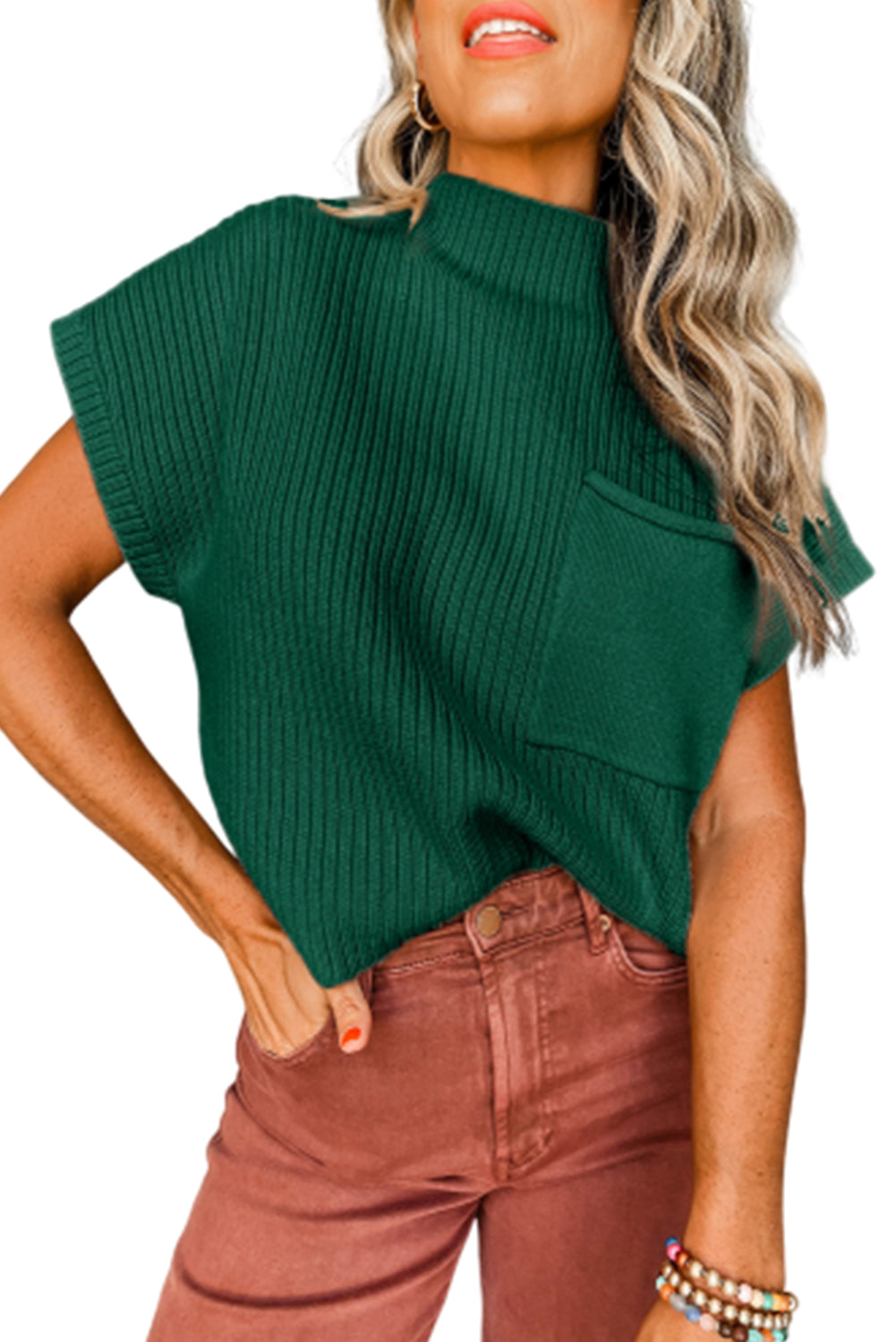 Blackish Green Patch Pocket Ribbed Knit Short Sleeve Sweater Dress