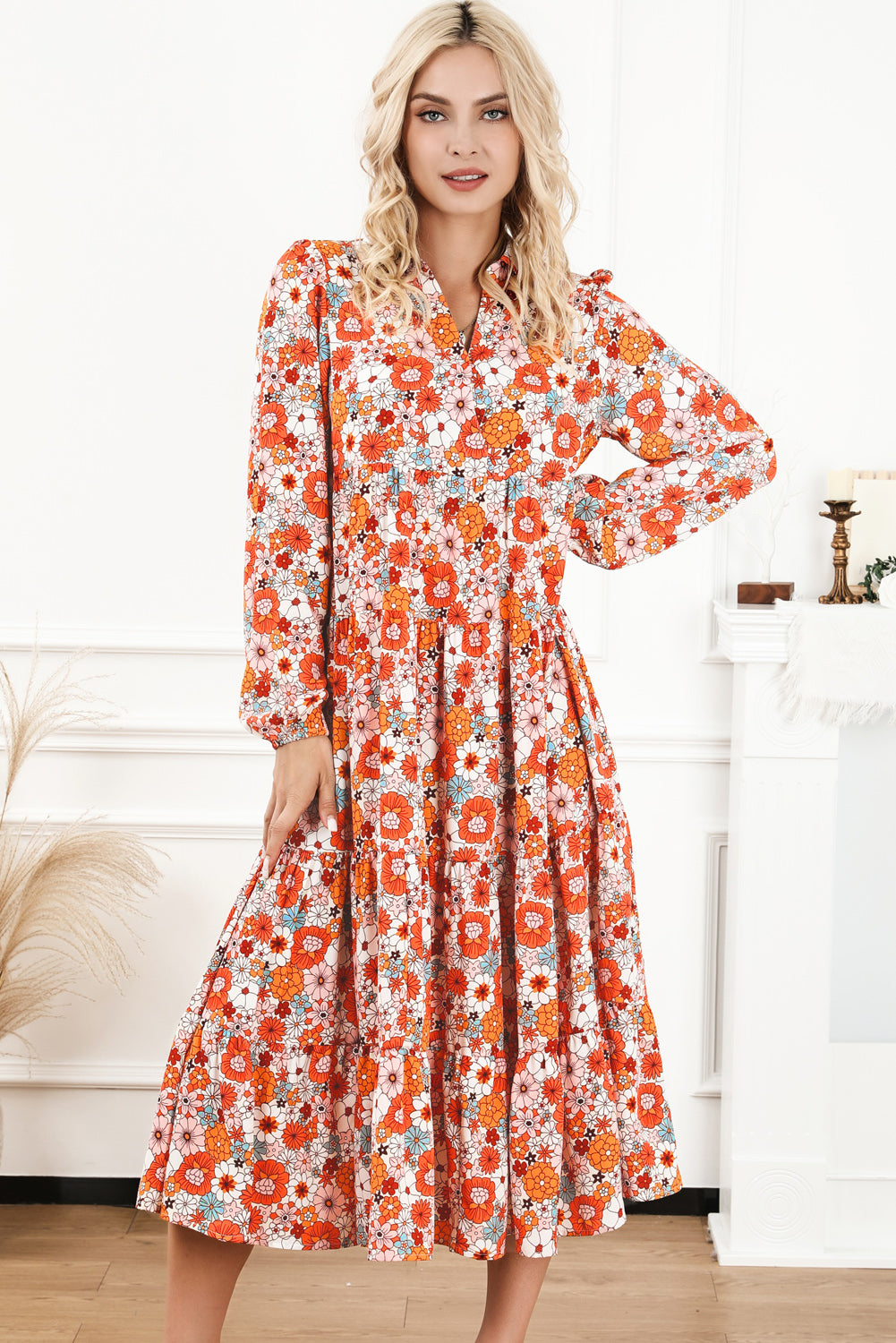 Yellow Boho Floral Collared Long Sleeve Ruffled Dress