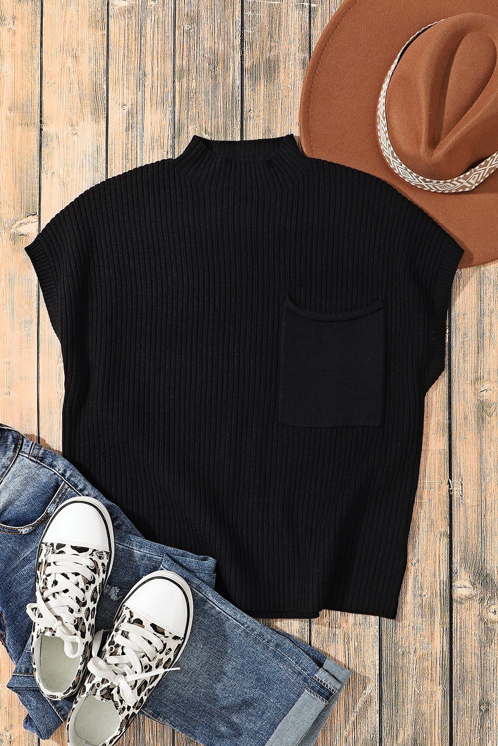 Blackish Green Patch Pocket Ribbed Knit Short Sleeve Sweater Dress