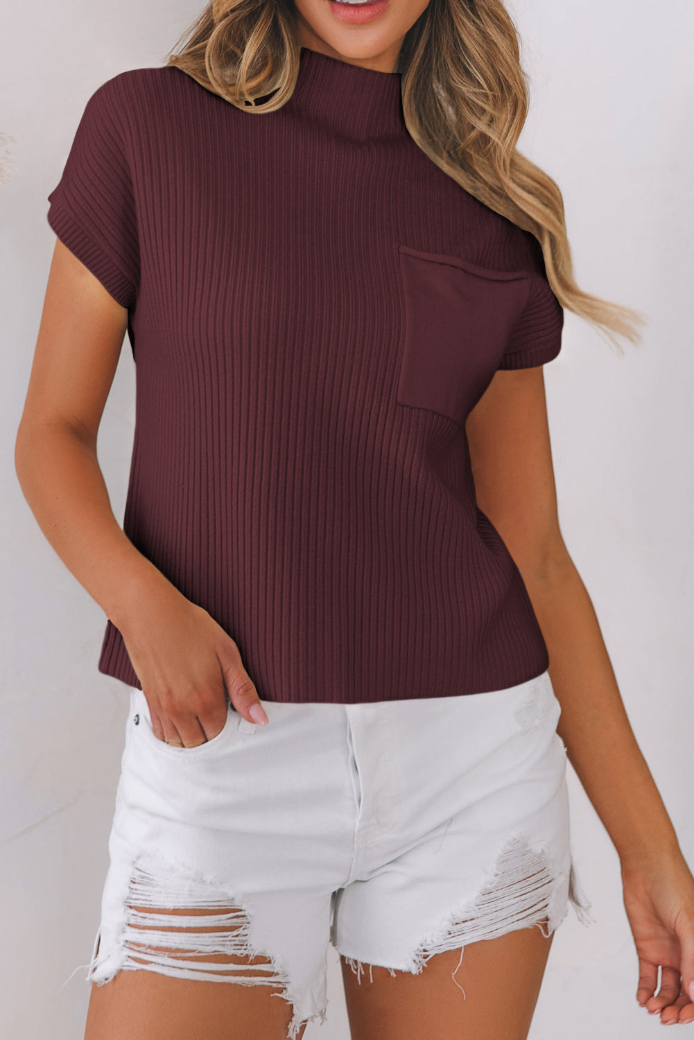 Blackish Green Patch Pocket Ribbed Knit Short Sleeve Sweater Dress