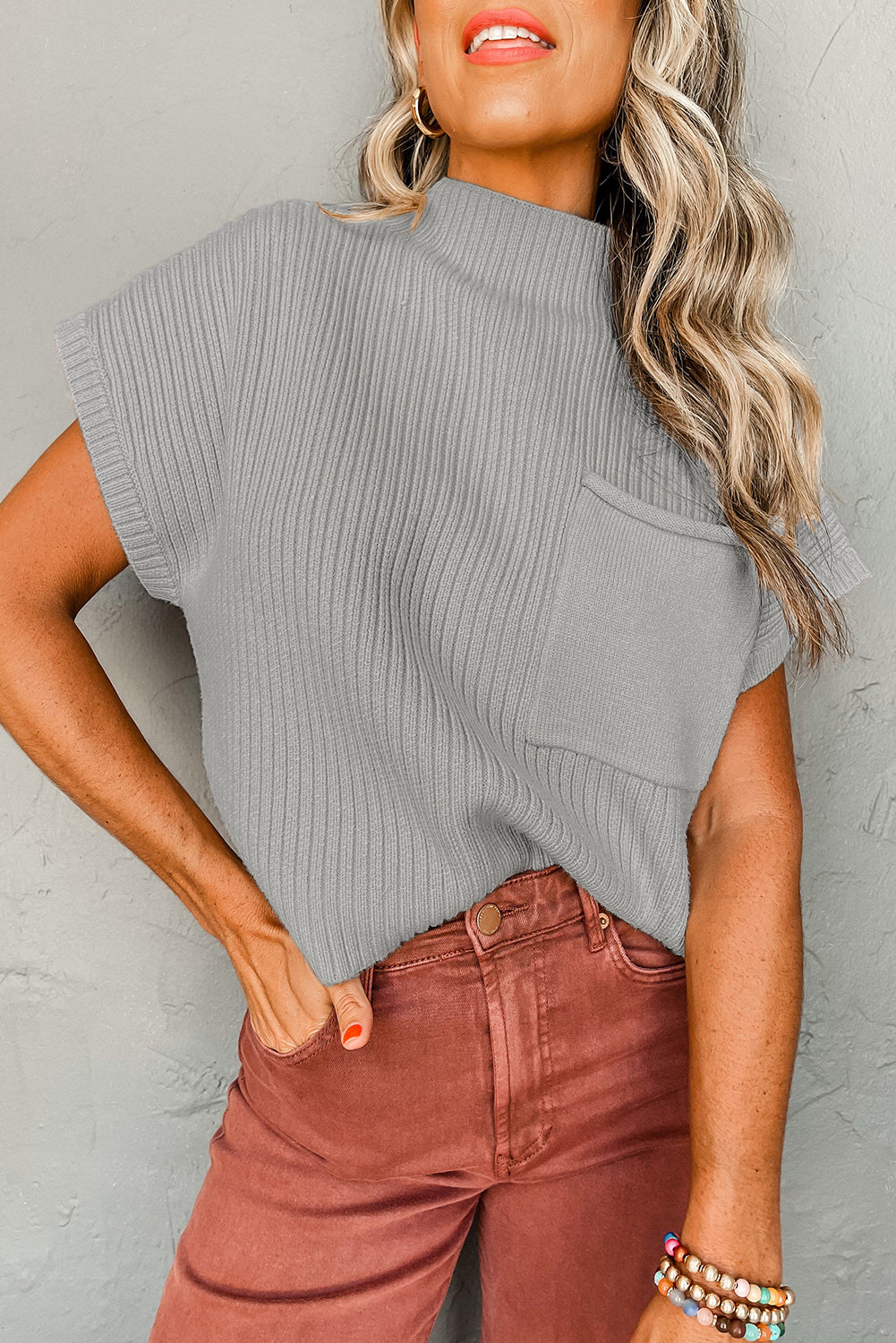Blackish Green Patch Pocket Ribbed Knit Short Sleeve Sweater Dress