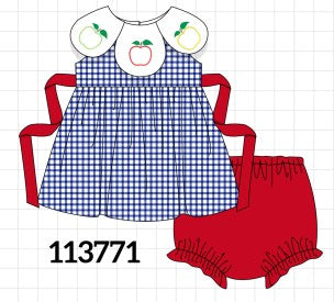 Navy Apple Embroidered Gingham Bloomer Set