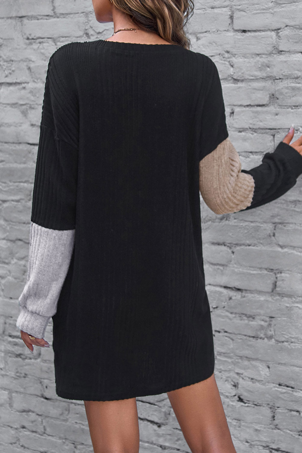 Black Color Block Drop Shoulder Rib Knit Mini Dress