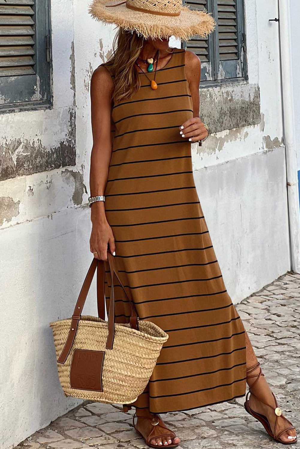 Black Stripe Print Open Back Sleeveless Maxi Dress with Slits