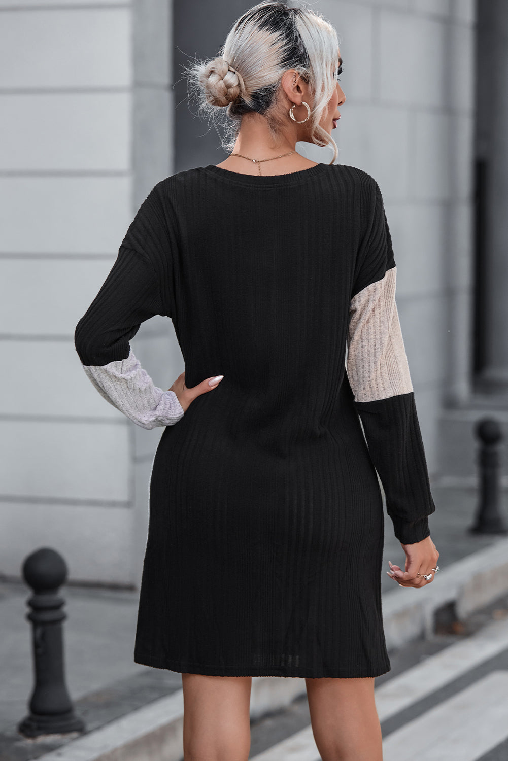 Black Color Block Drop Shoulder Rib Knit Mini Dress