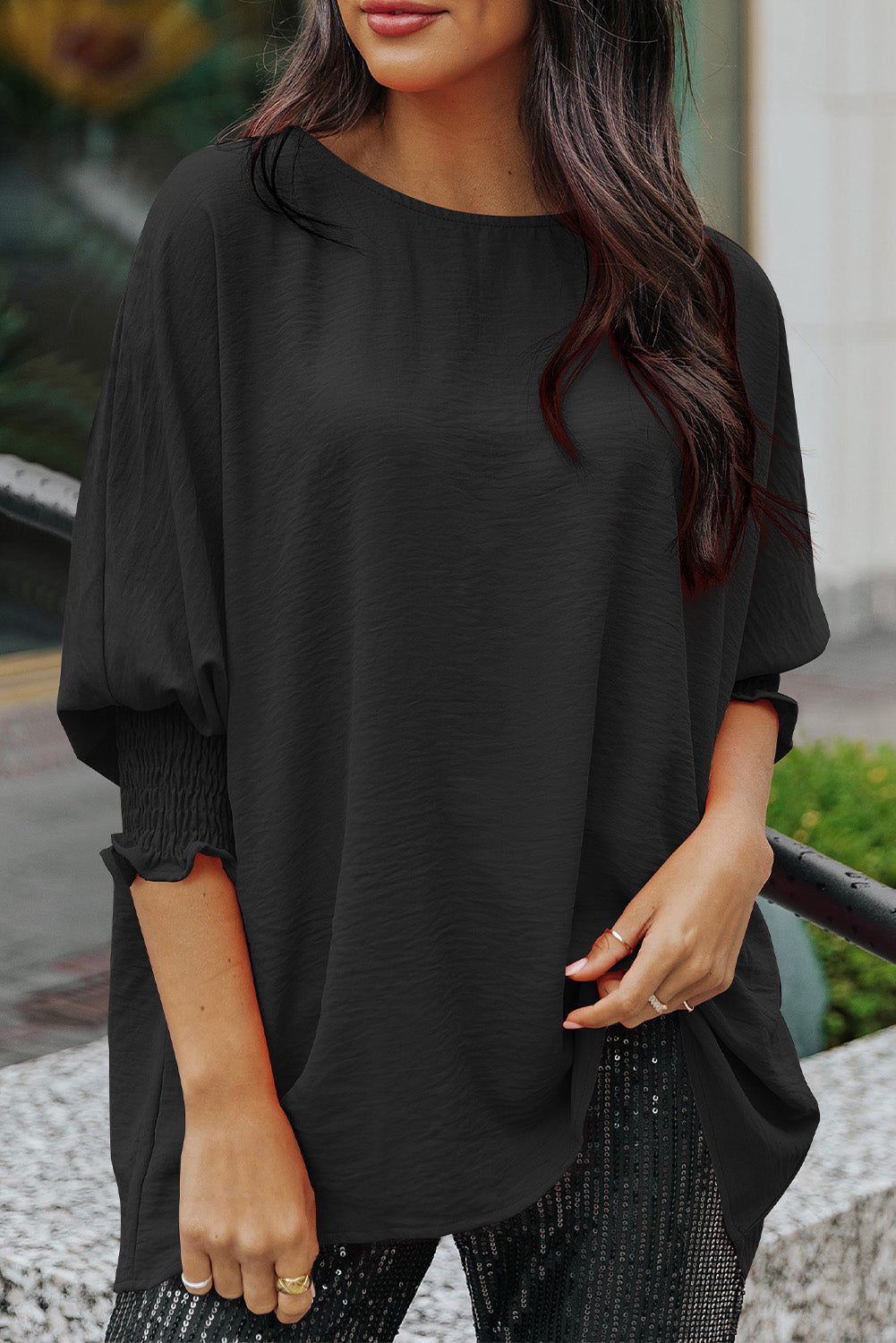 Black Solid Shirred Cuffs Short Swing Dress