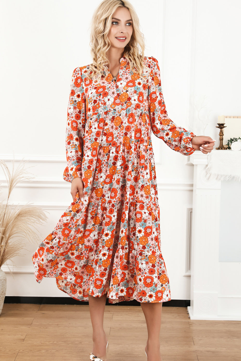 Yellow Boho Floral Collared Long Sleeve Ruffled Dress