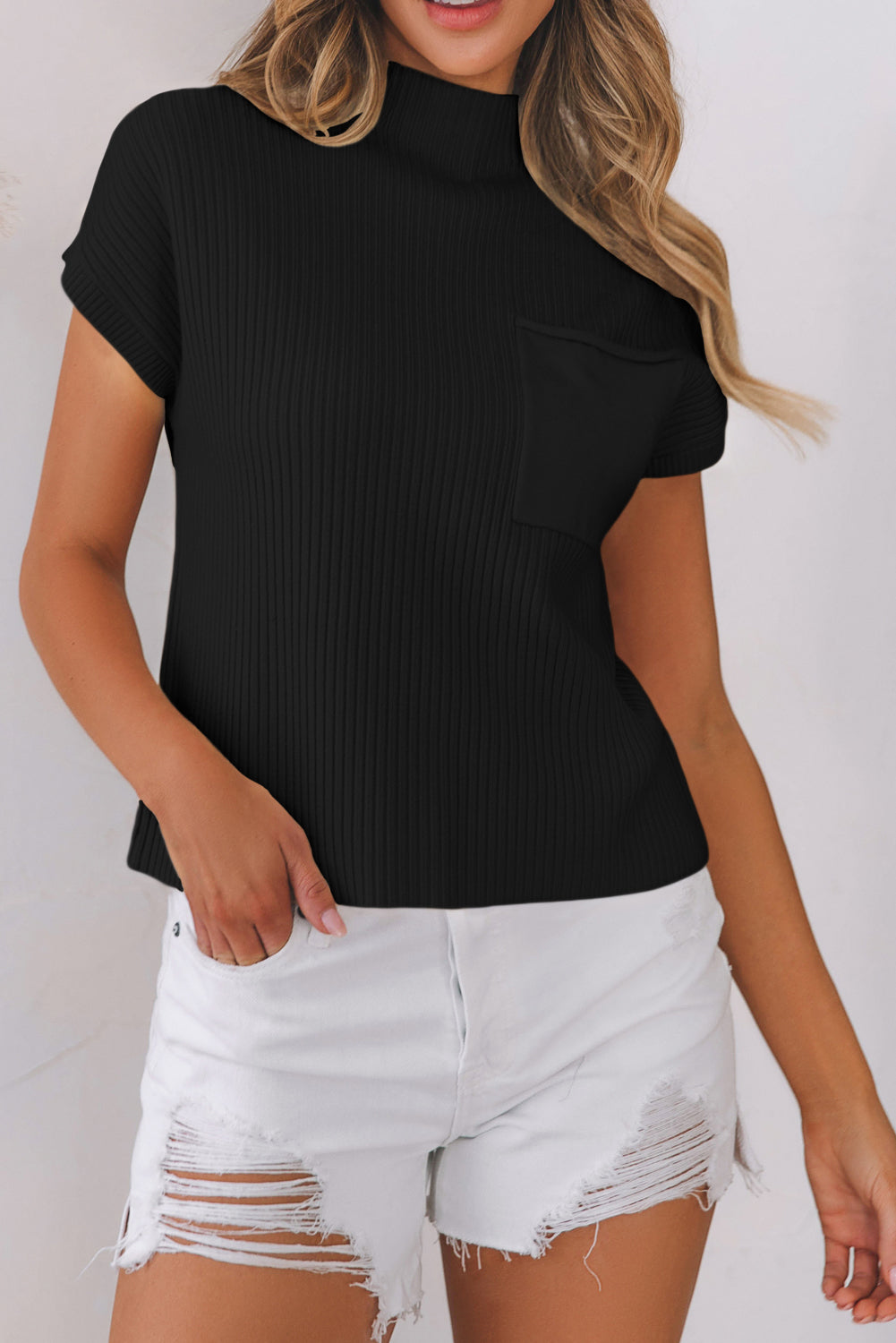 Blackish Green Patch Pocket Ribbed Knit Short Sleeve Sweater Dress