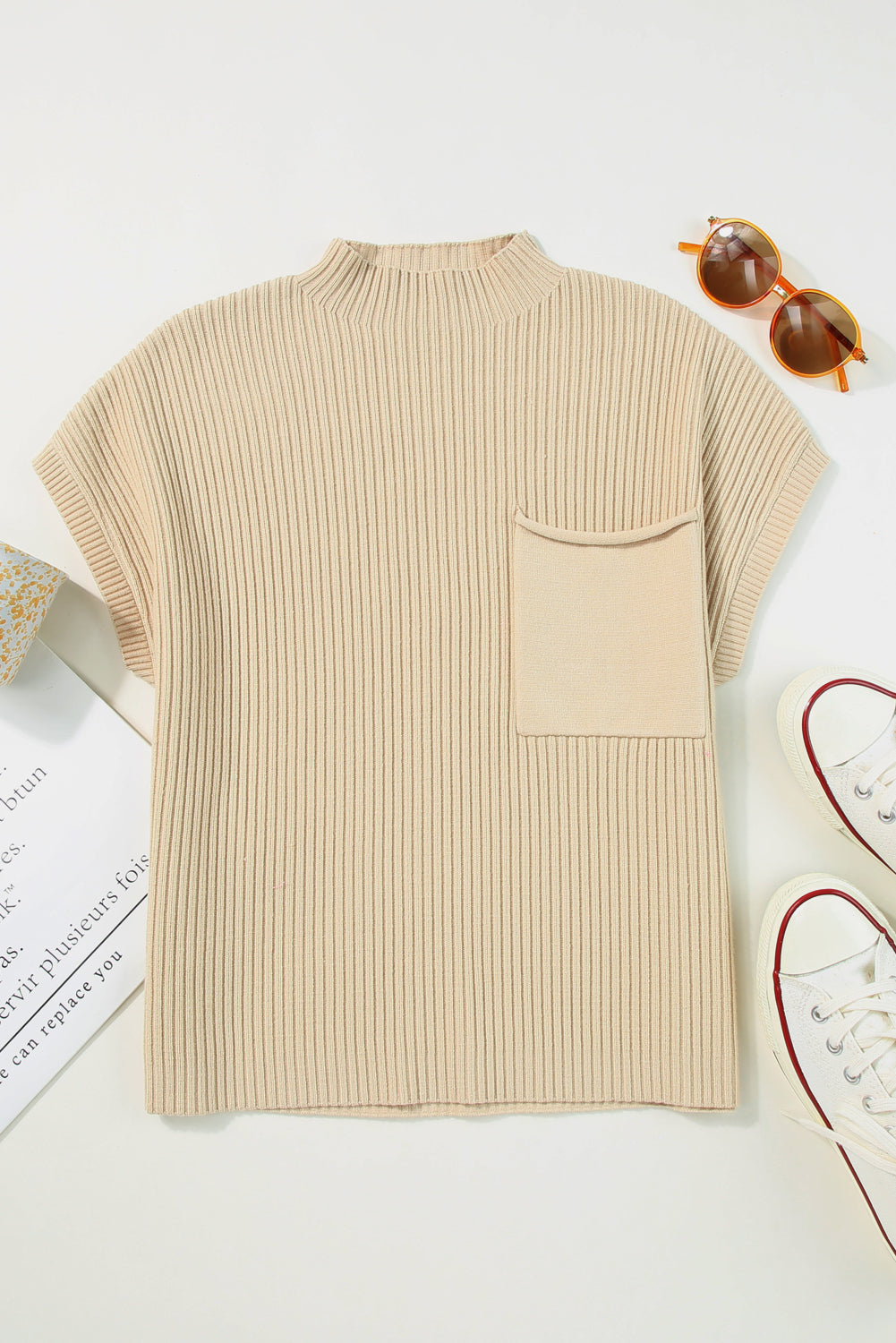 Blackish Green Patch Pocket Ribbed Knit Short Sleeve Sweater Dress