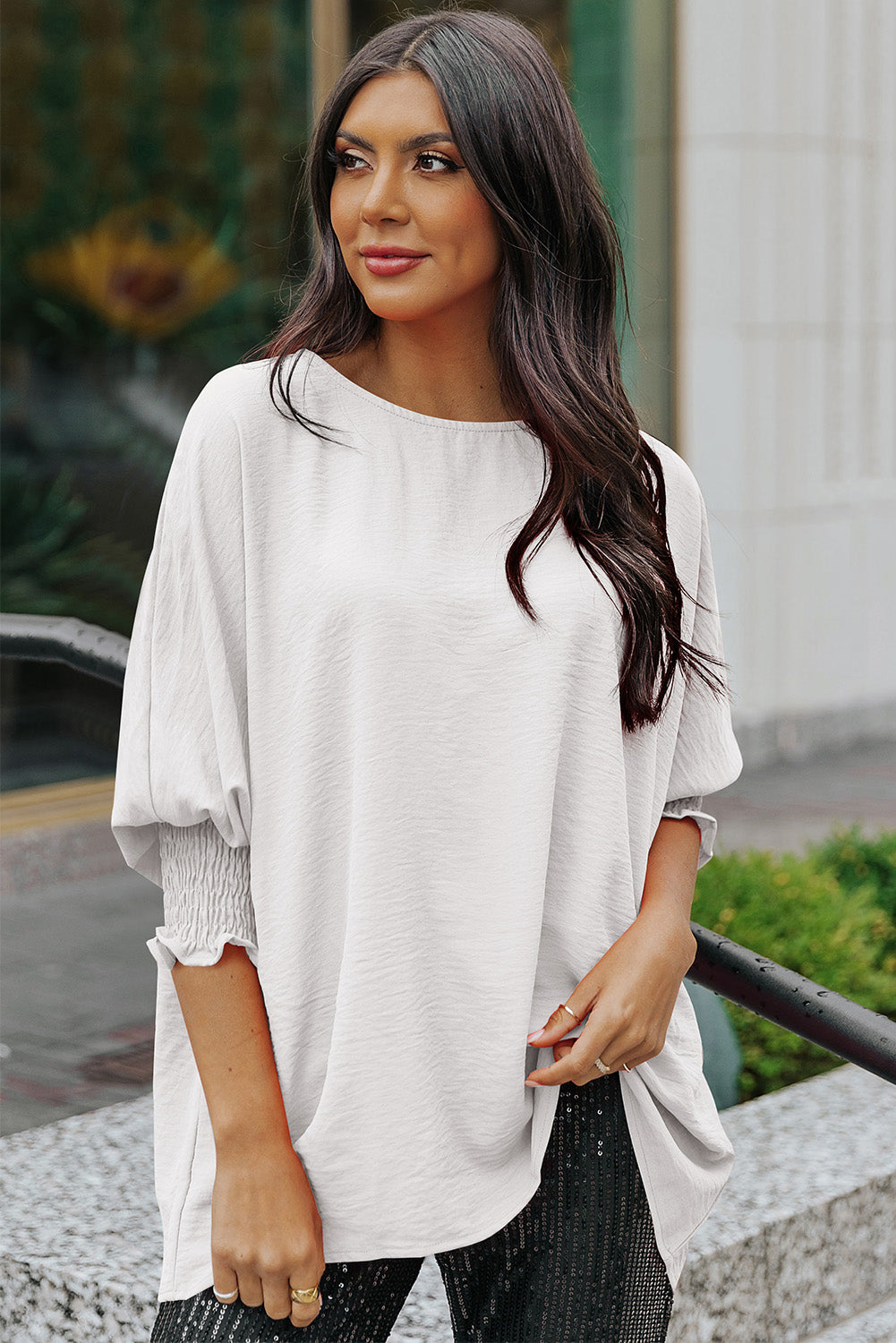 Black Solid Shirred Cuffs Short Swing Dress