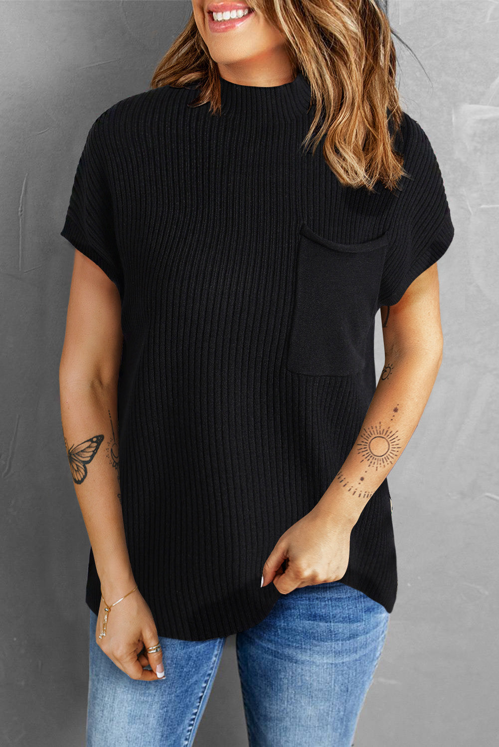 Blackish Green Patch Pocket Ribbed Knit Short Sleeve Sweater Dress