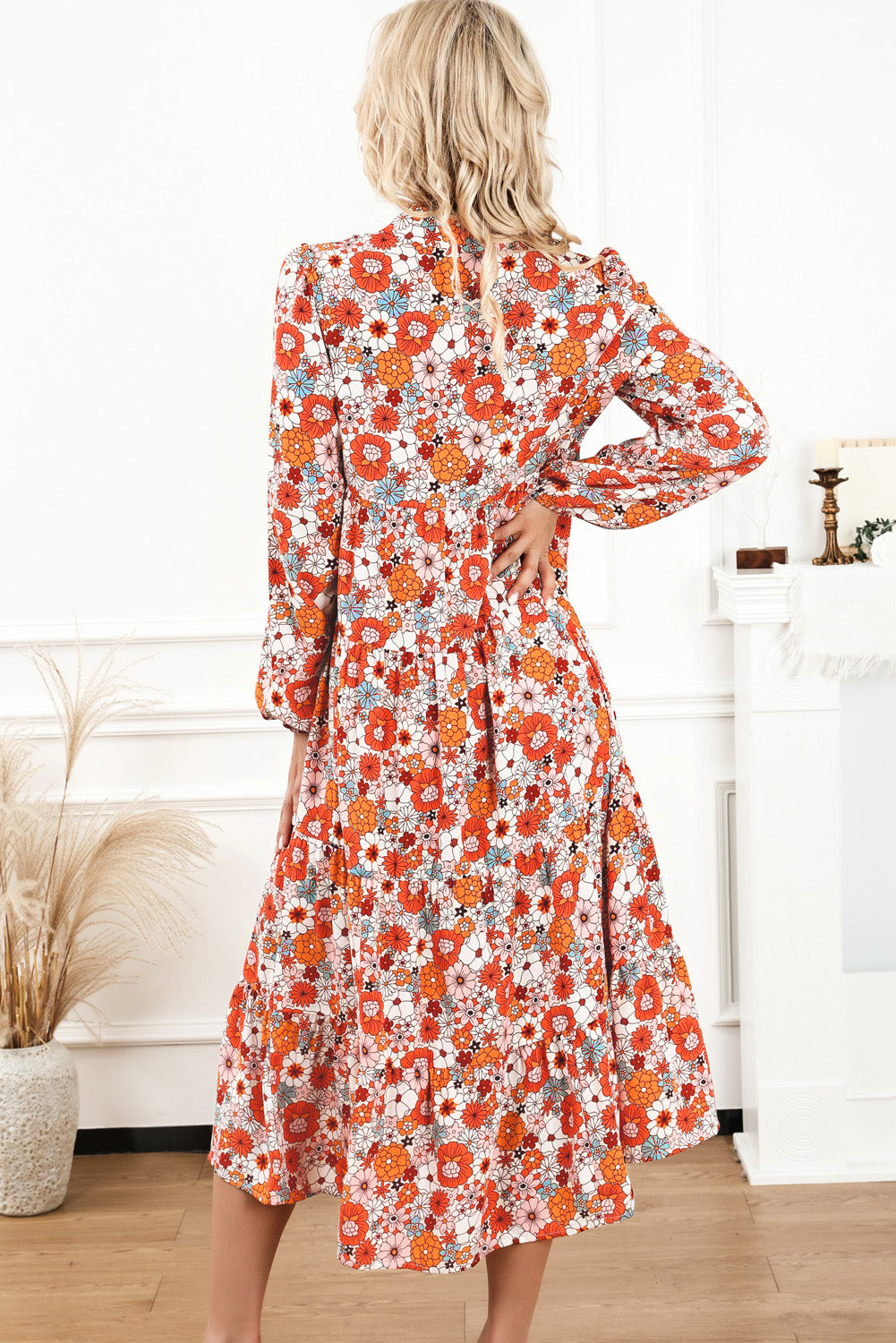 Yellow Boho Floral Collared Long Sleeve Ruffled Dress