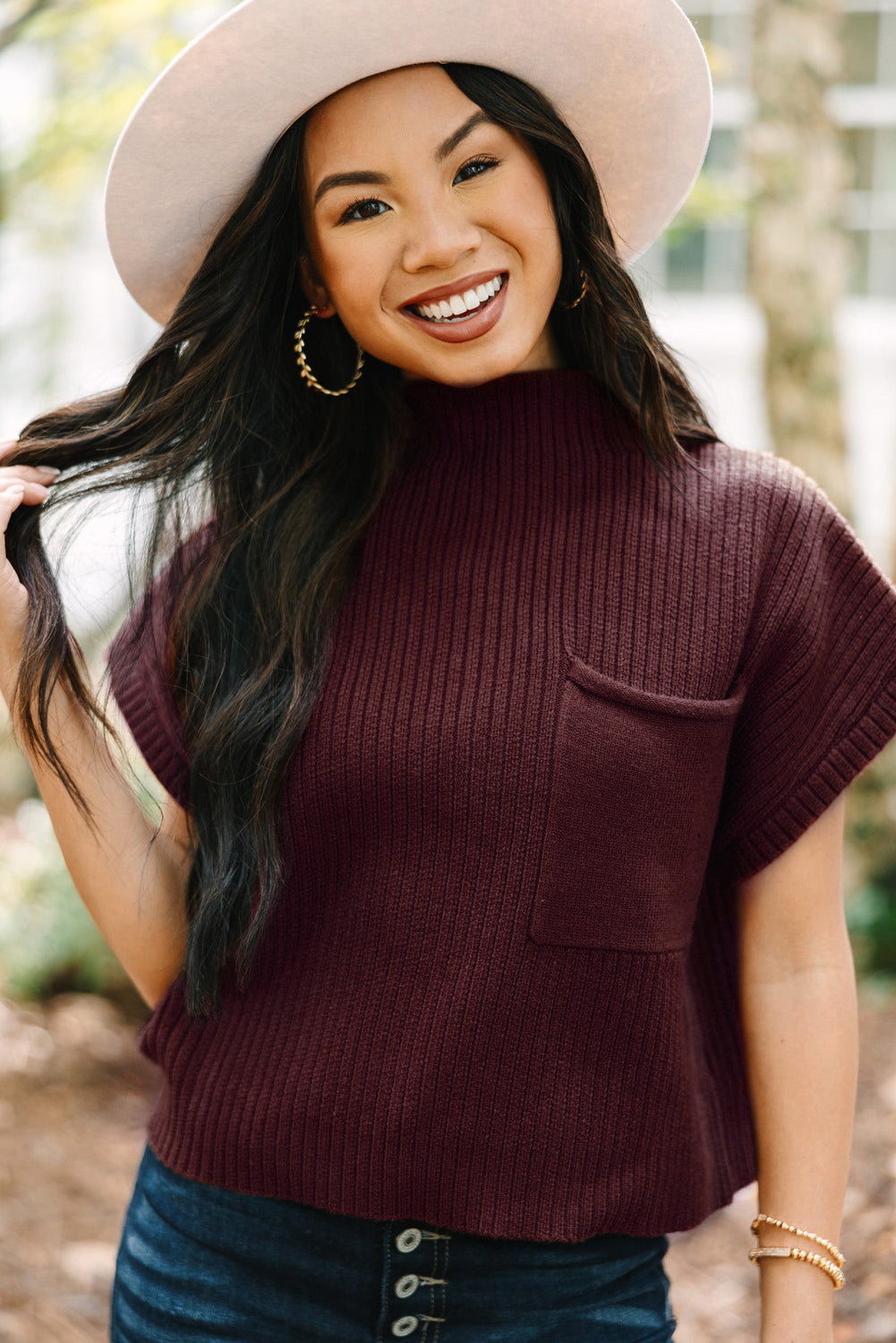 Blackish Green Patch Pocket Ribbed Knit Short Sleeve Sweater Dress