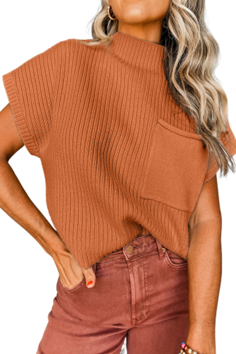Blackish Green Patch Pocket Ribbed Knit Short Sleeve Sweater Dress