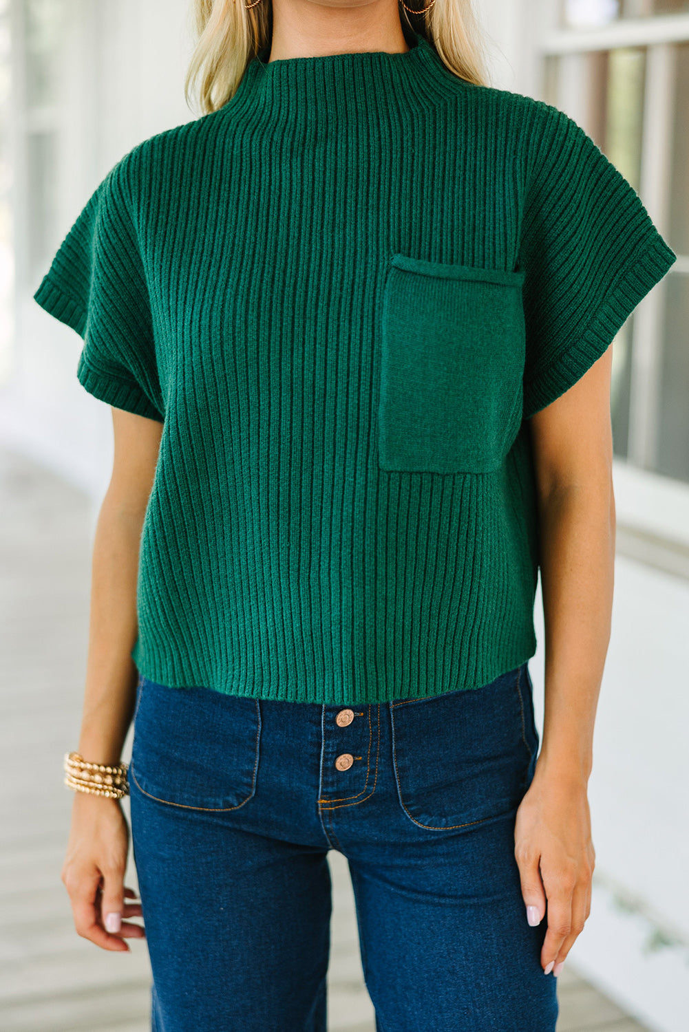 Blackish Green Patch Pocket Ribbed Knit Short Sleeve Sweater Dress