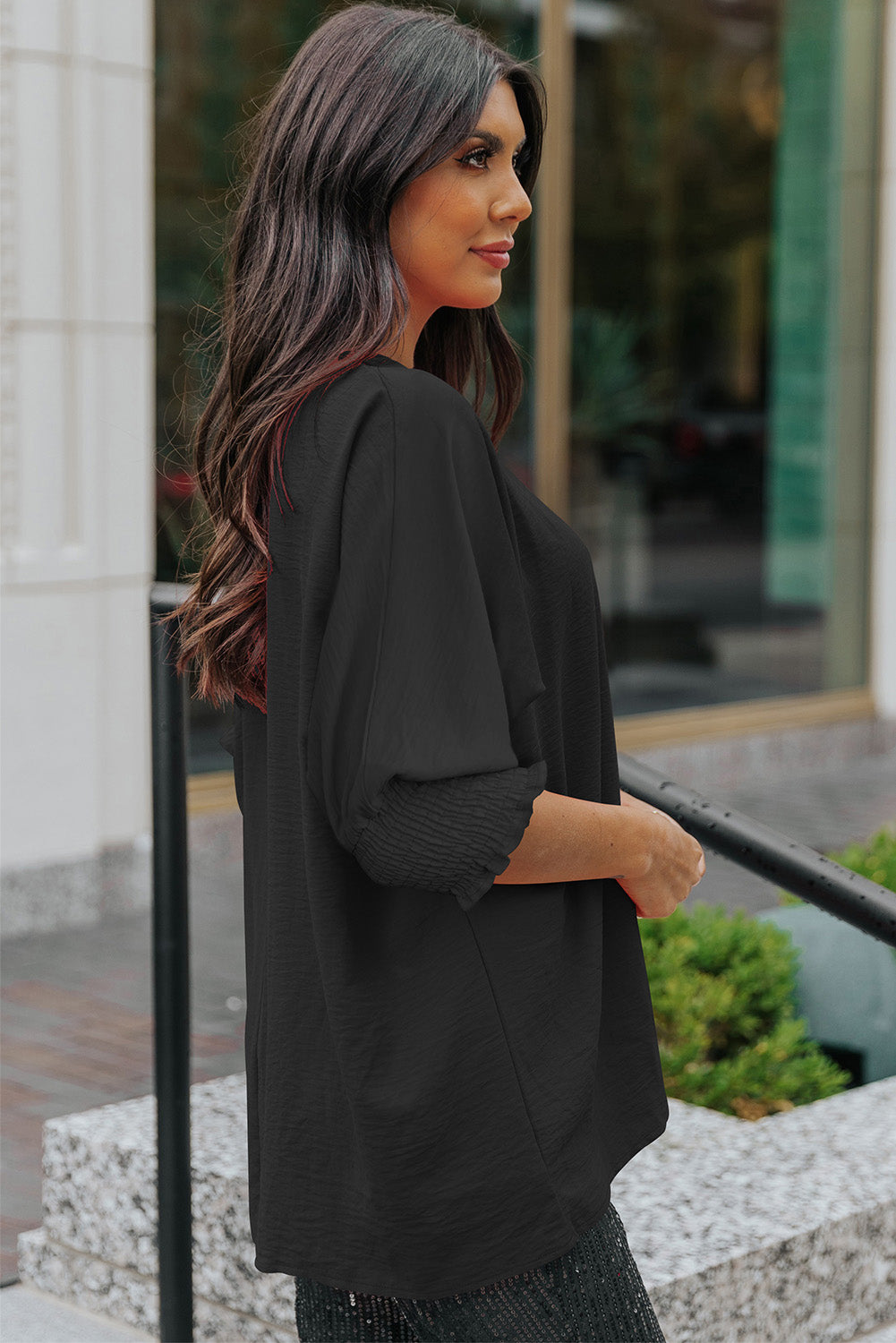 Black Solid Shirred Cuffs Short Swing Dress