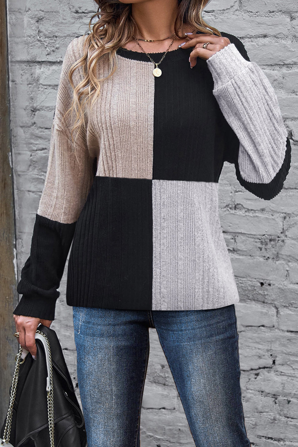 Black Color Block Drop Shoulder Rib Knit Mini Dress