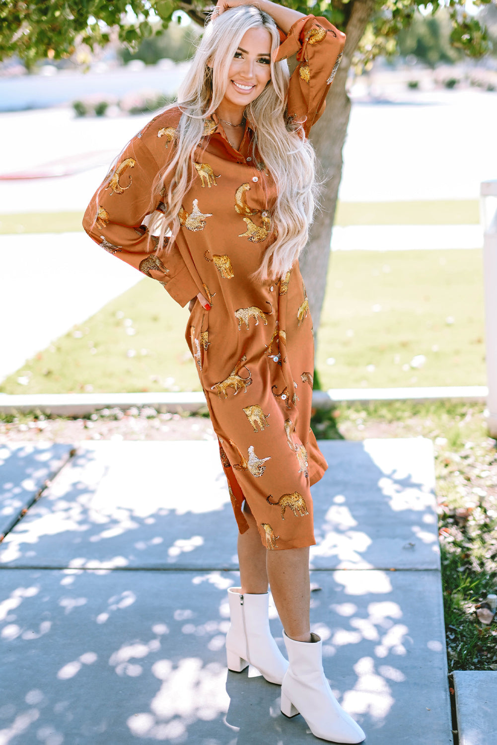 Black Leopard Print Button-up Long Sleeve Shirt Mini Dress