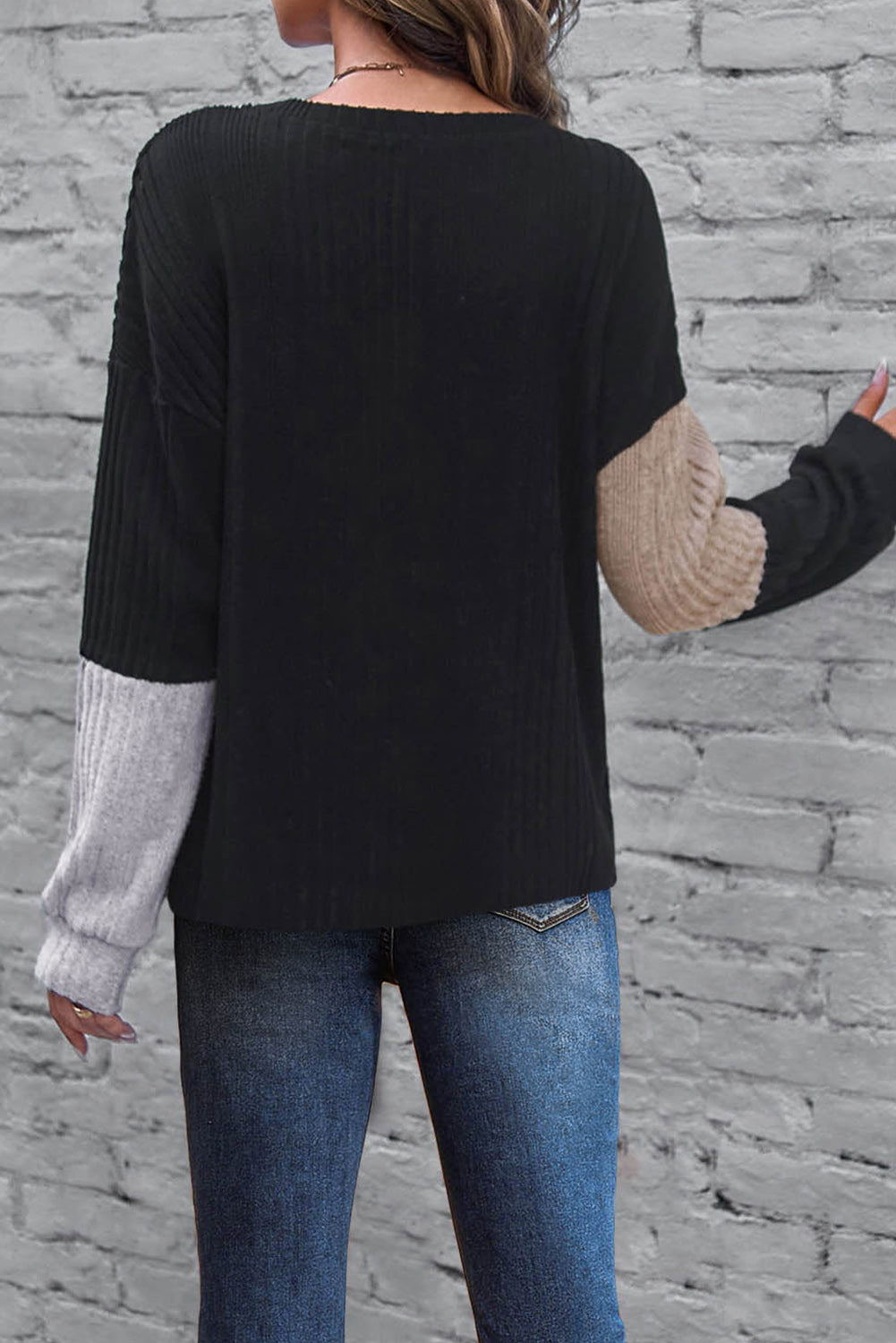 Black Color Block Drop Shoulder Rib Knit Mini Dress