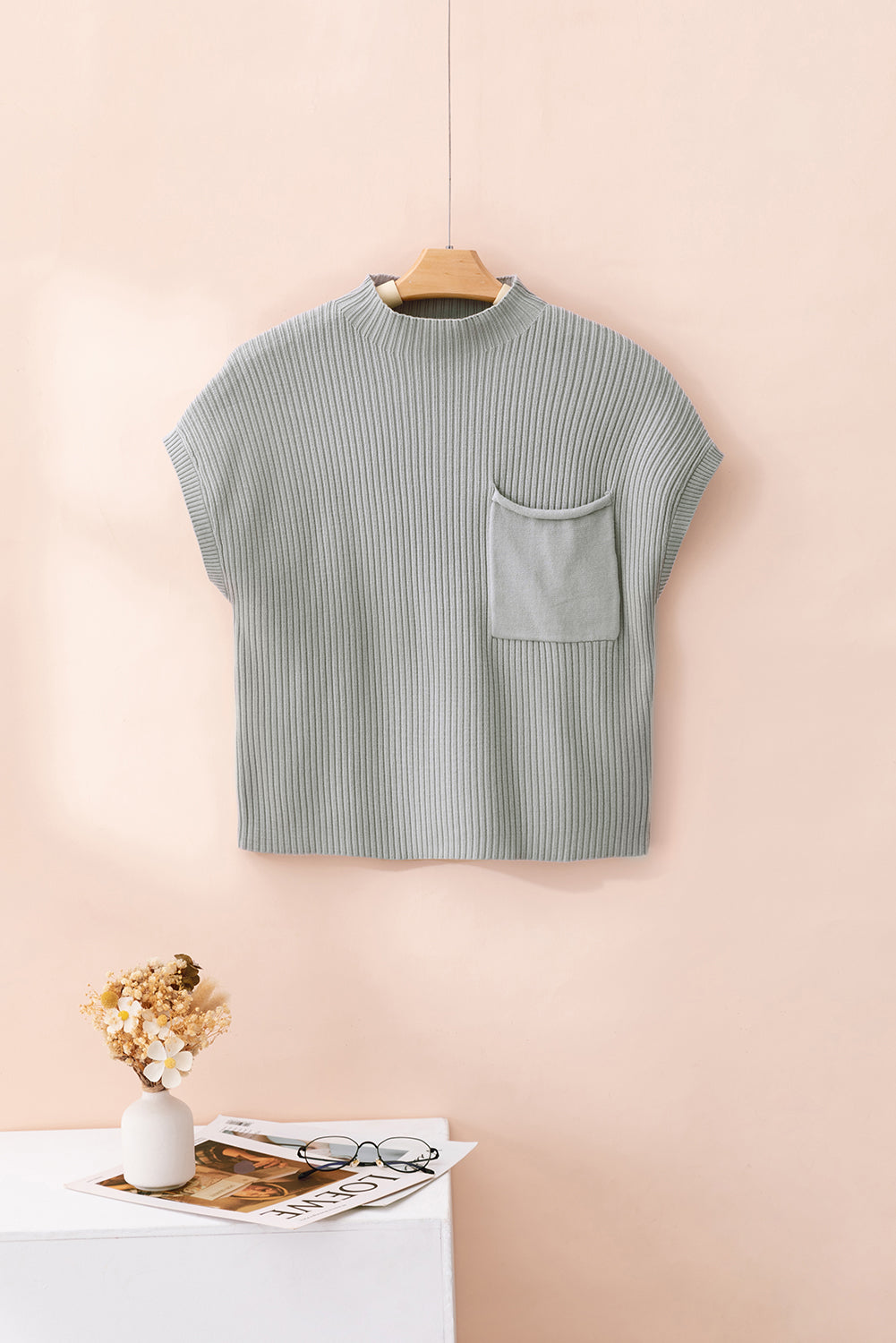 Blackish Green Patch Pocket Ribbed Knit Short Sleeve Sweater Dress