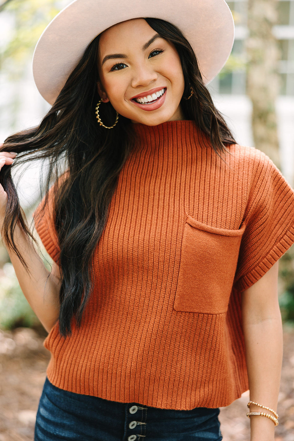 Blackish Green Patch Pocket Ribbed Knit Short Sleeve Sweater Dress