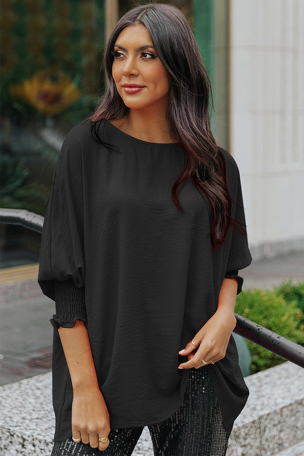 Black Solid Shirred Cuffs Short Swing Dress