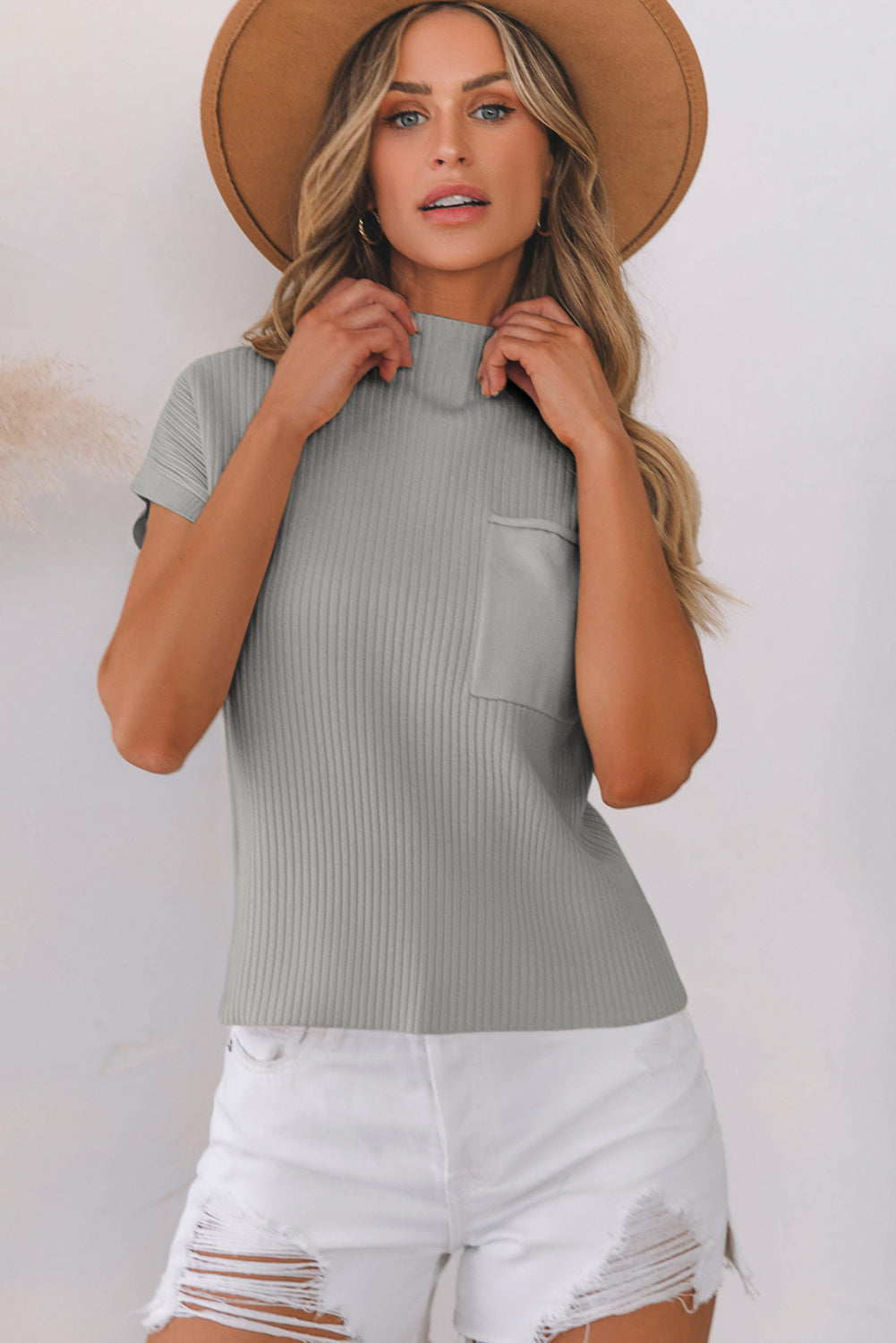 Blackish Green Patch Pocket Ribbed Knit Short Sleeve Sweater Dress