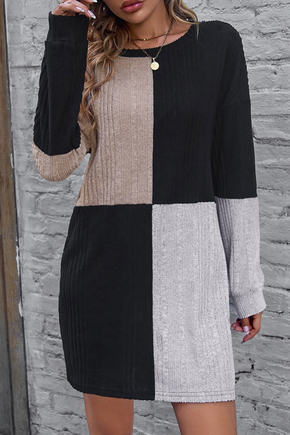 Black Color Block Drop Shoulder Rib Knit Mini Dress