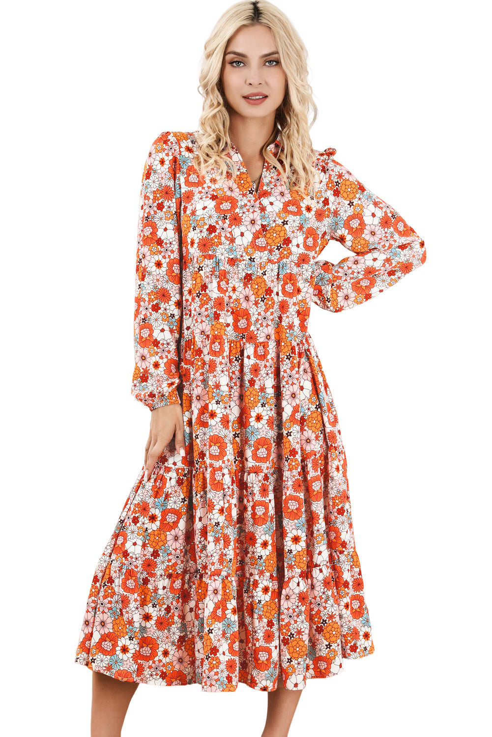 Yellow Boho Floral Collared Long Sleeve Ruffled Dress