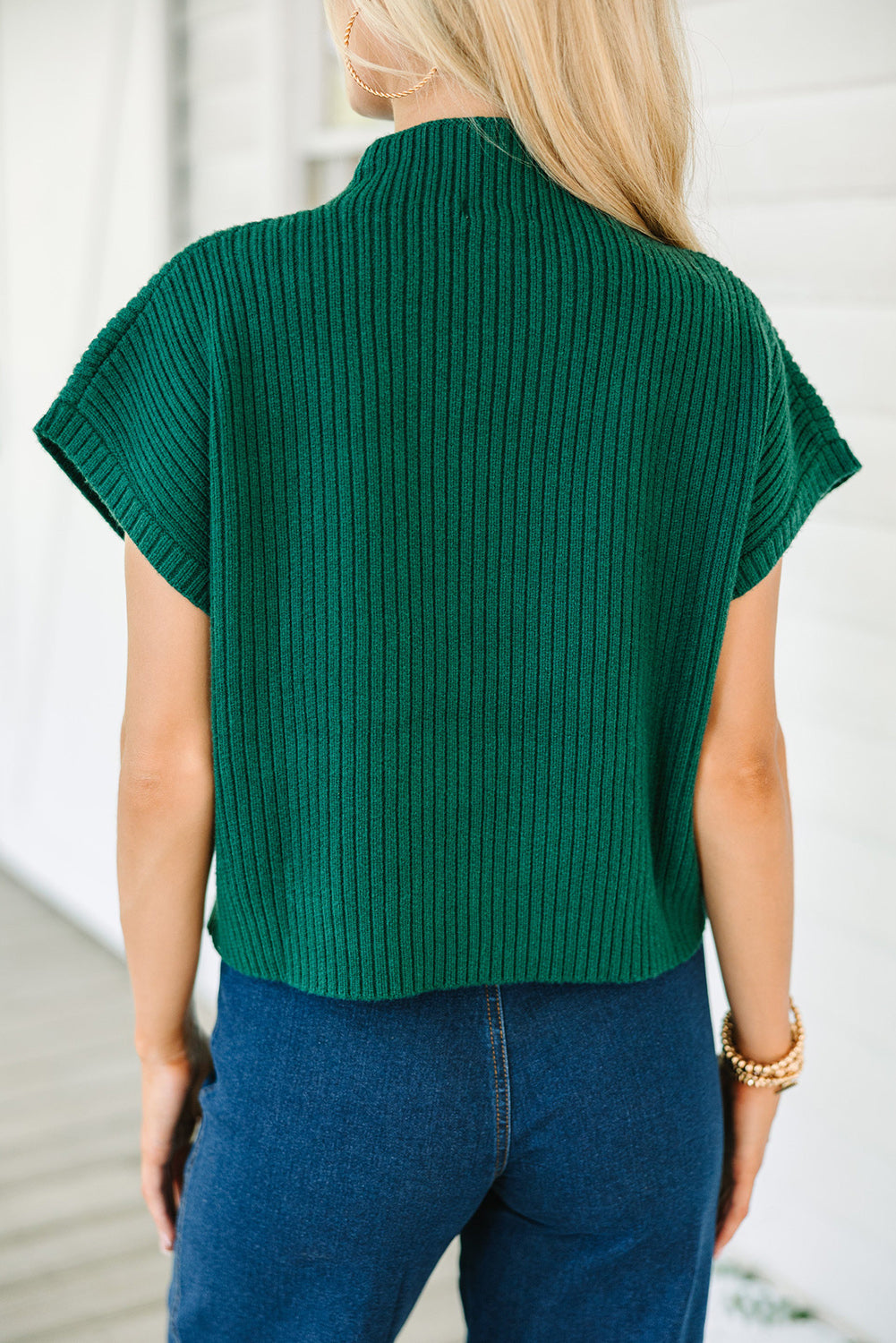 Blackish Green Patch Pocket Ribbed Knit Short Sleeve Sweater Dress