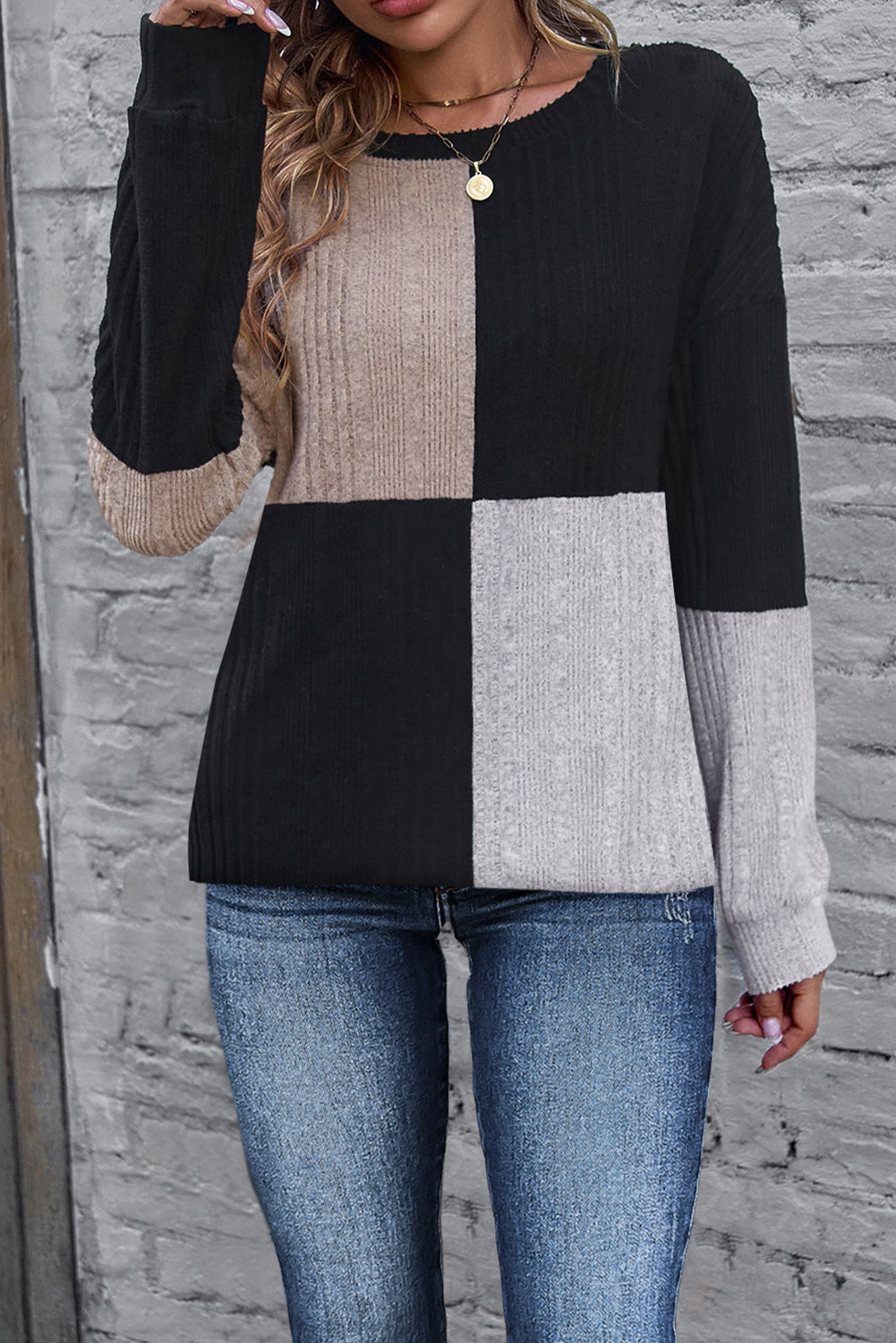 Black Color Block Drop Shoulder Rib Knit Mini Dress