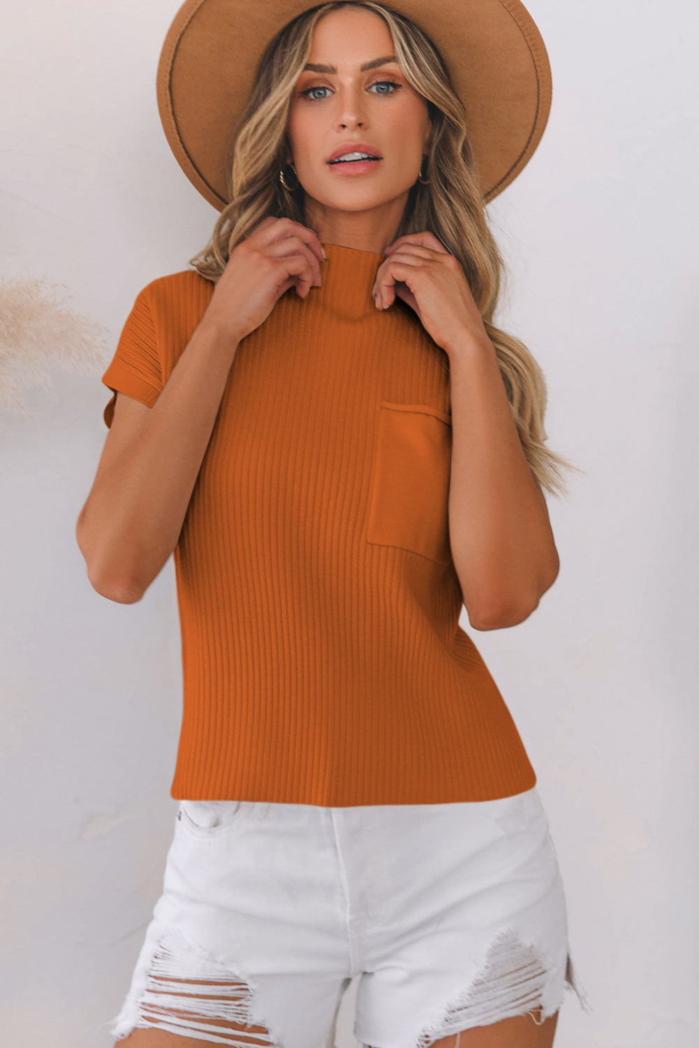 Blackish Green Patch Pocket Ribbed Knit Short Sleeve Sweater Dress