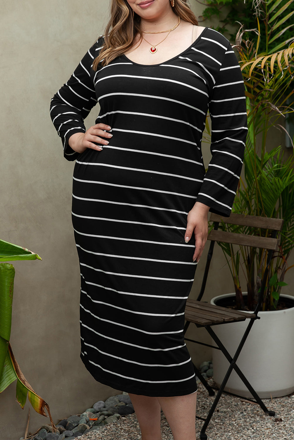 Black Stripe Print Open Back Sleeveless Maxi Dress with Slits