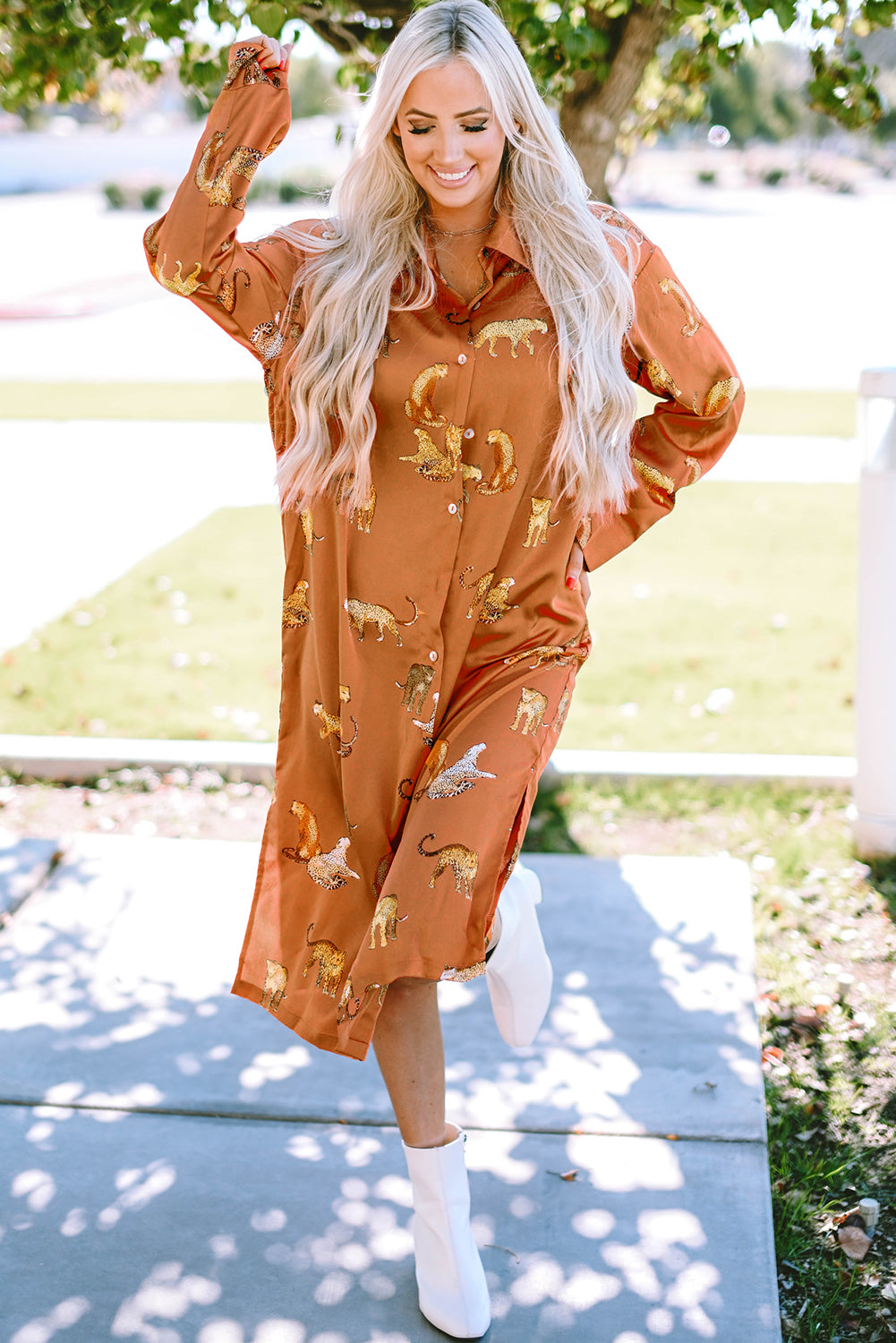 Black Leopard Print Button-up Long Sleeve Shirt Mini Dress