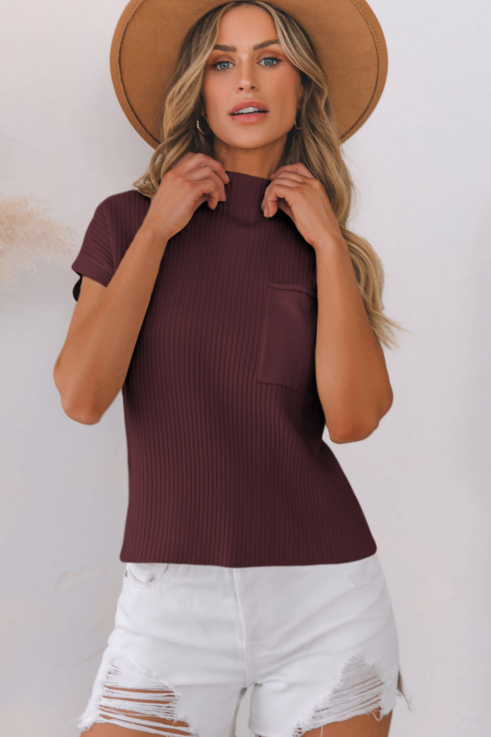 Blackish Green Patch Pocket Ribbed Knit Short Sleeve Sweater Dress