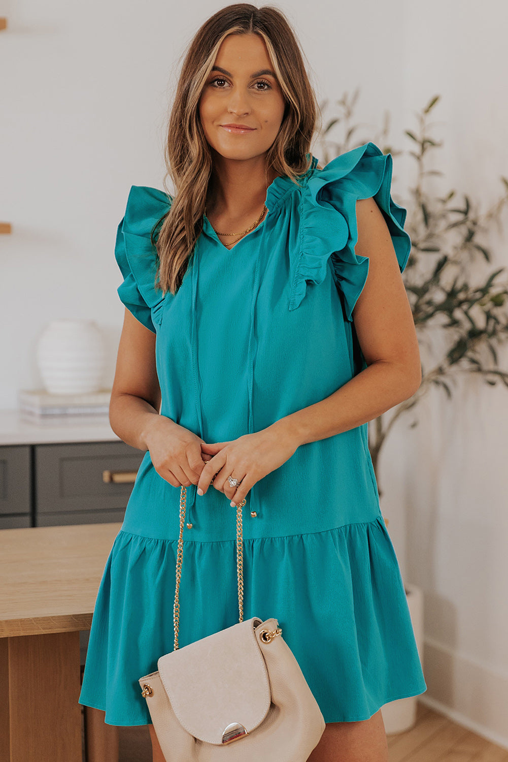 Black Tiered Ruffled Sleeves Mini Dress with Pockets