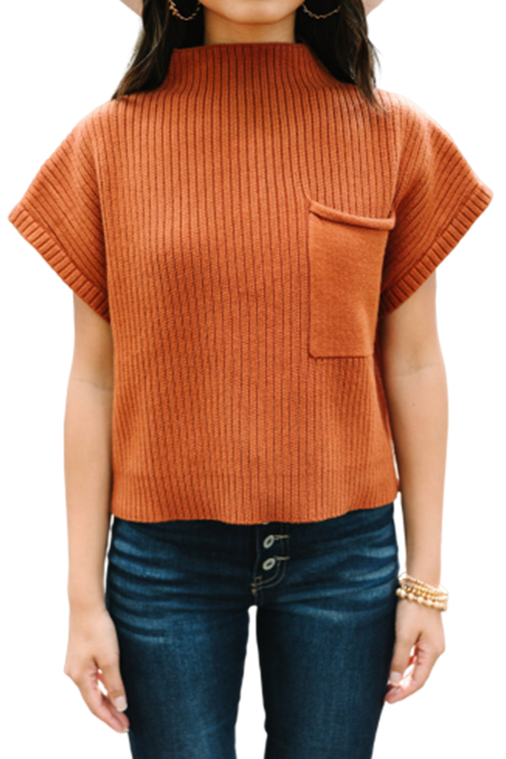 Blackish Green Patch Pocket Ribbed Knit Short Sleeve Sweater Dress