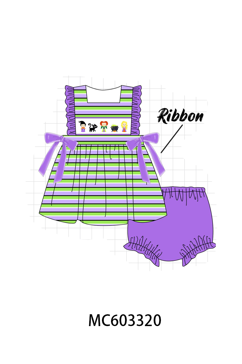 Purple witch embroidery stripe ruffle bloomer set