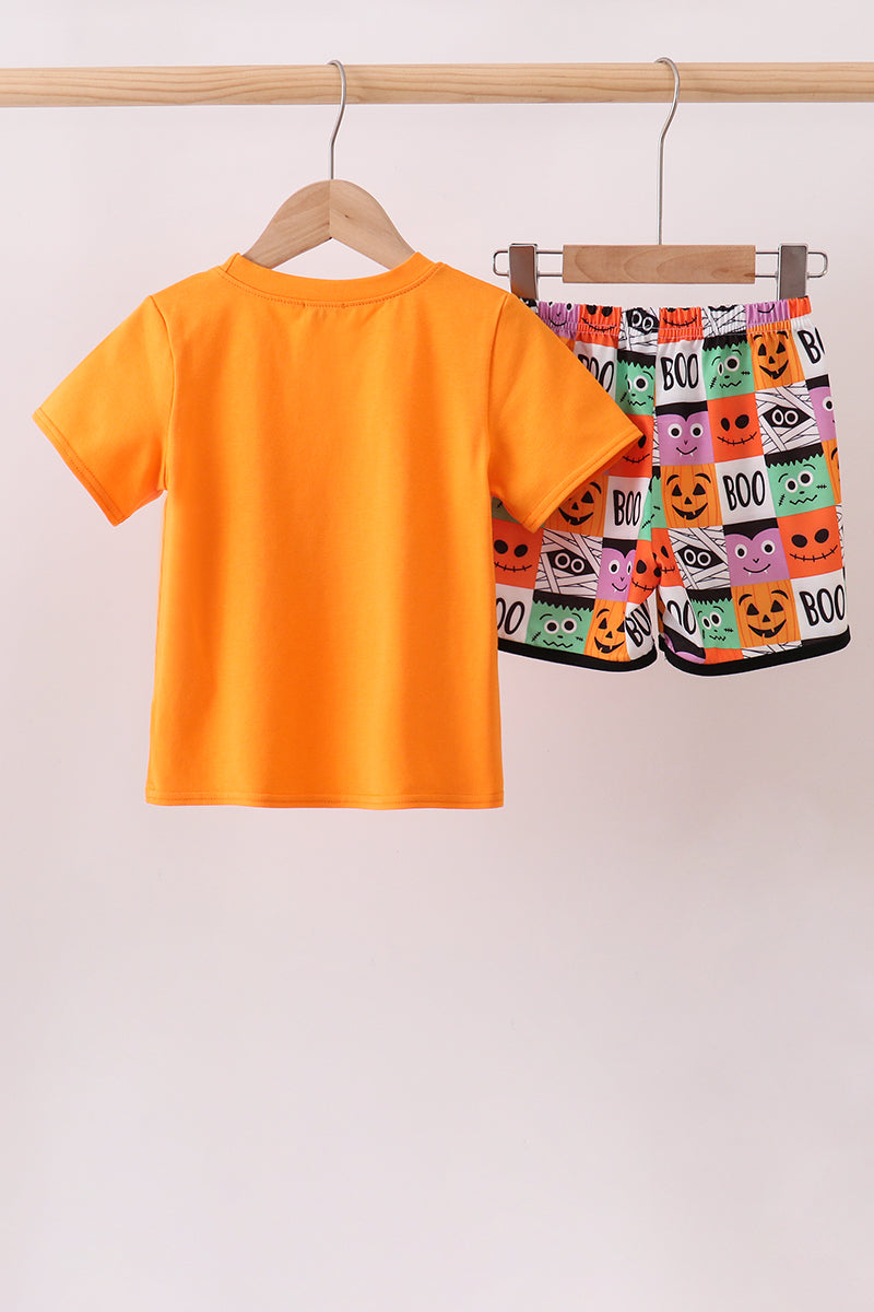 Orange Jack-O-Lantern Applique Shorts Set