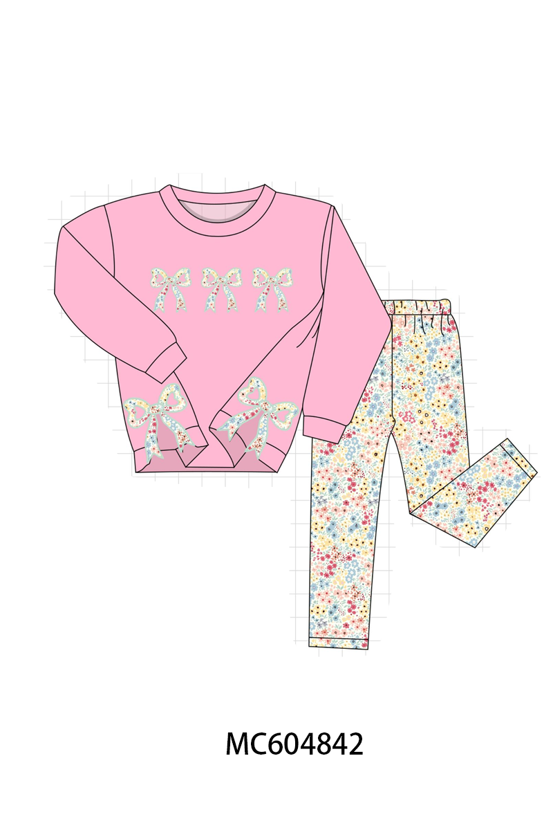 Pink Floral Bow Applique Pants Set