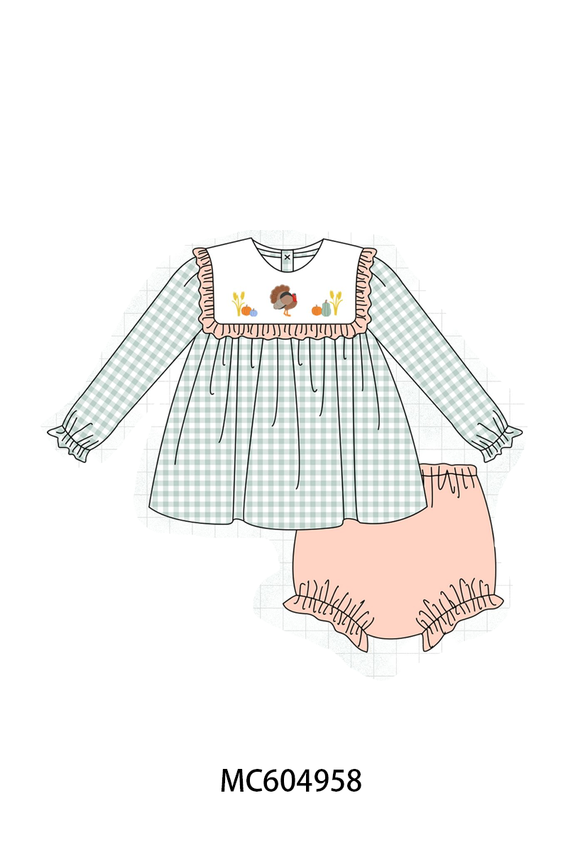 Sage Turkey Embroidery Ruffle Bloomer Set