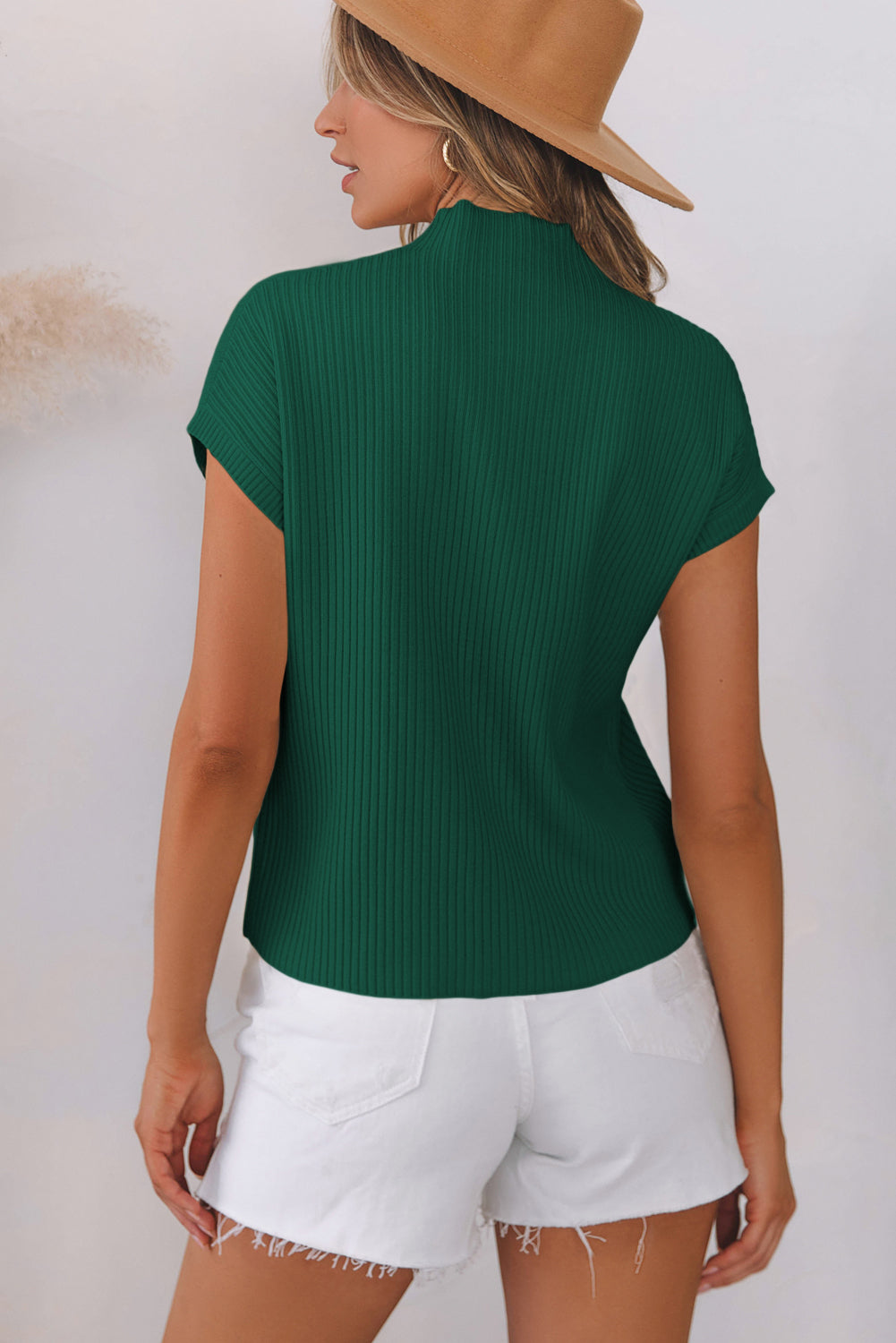 Blackish Green Patch Pocket Ribbed Knit Short Sleeve Sweater Dress
