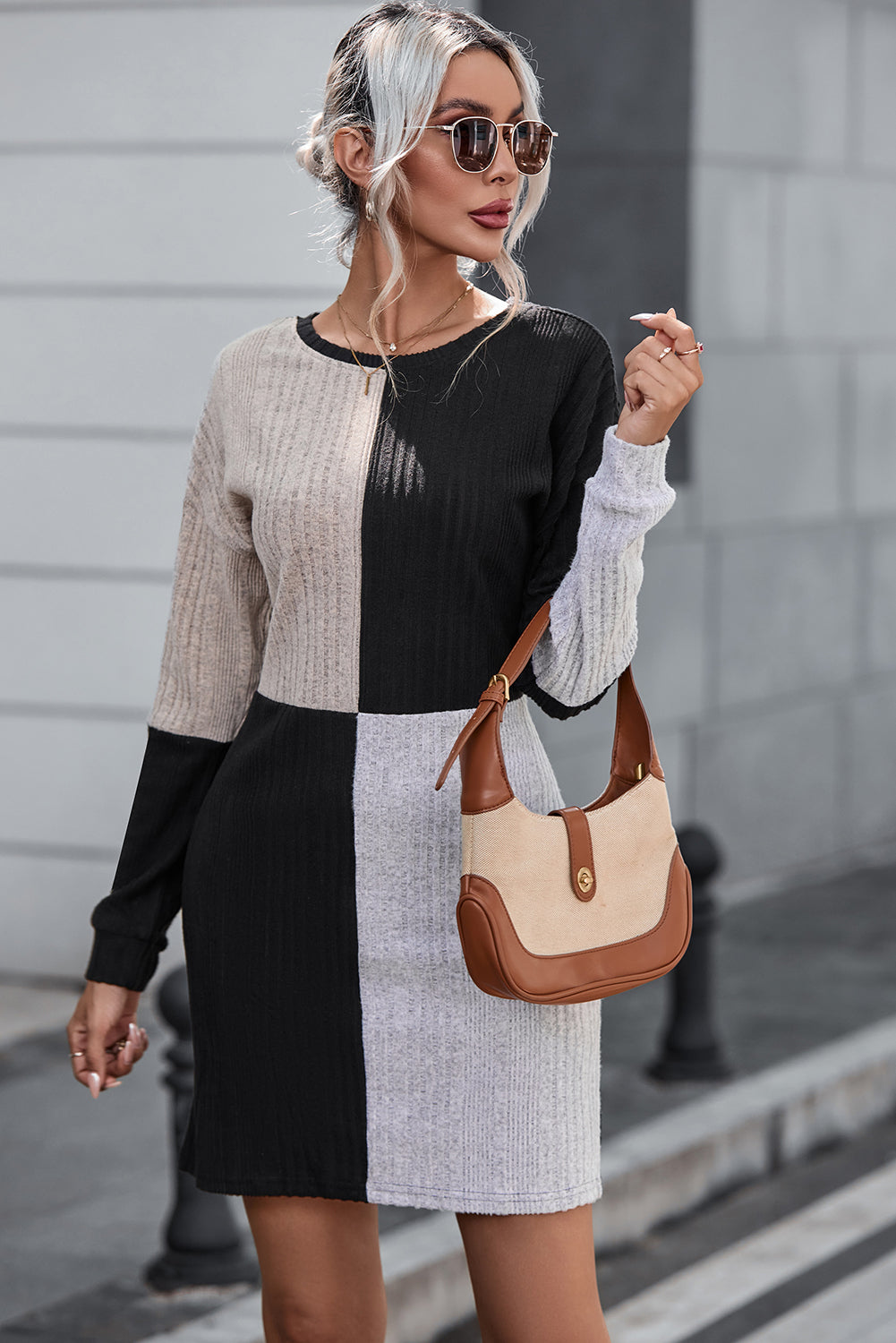 Black Color Block Drop Shoulder Rib Knit Mini Dress