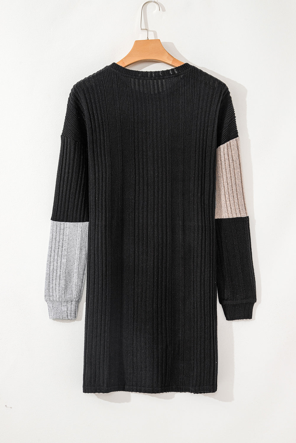 Black Color Block Drop Shoulder Rib Knit Mini Dress