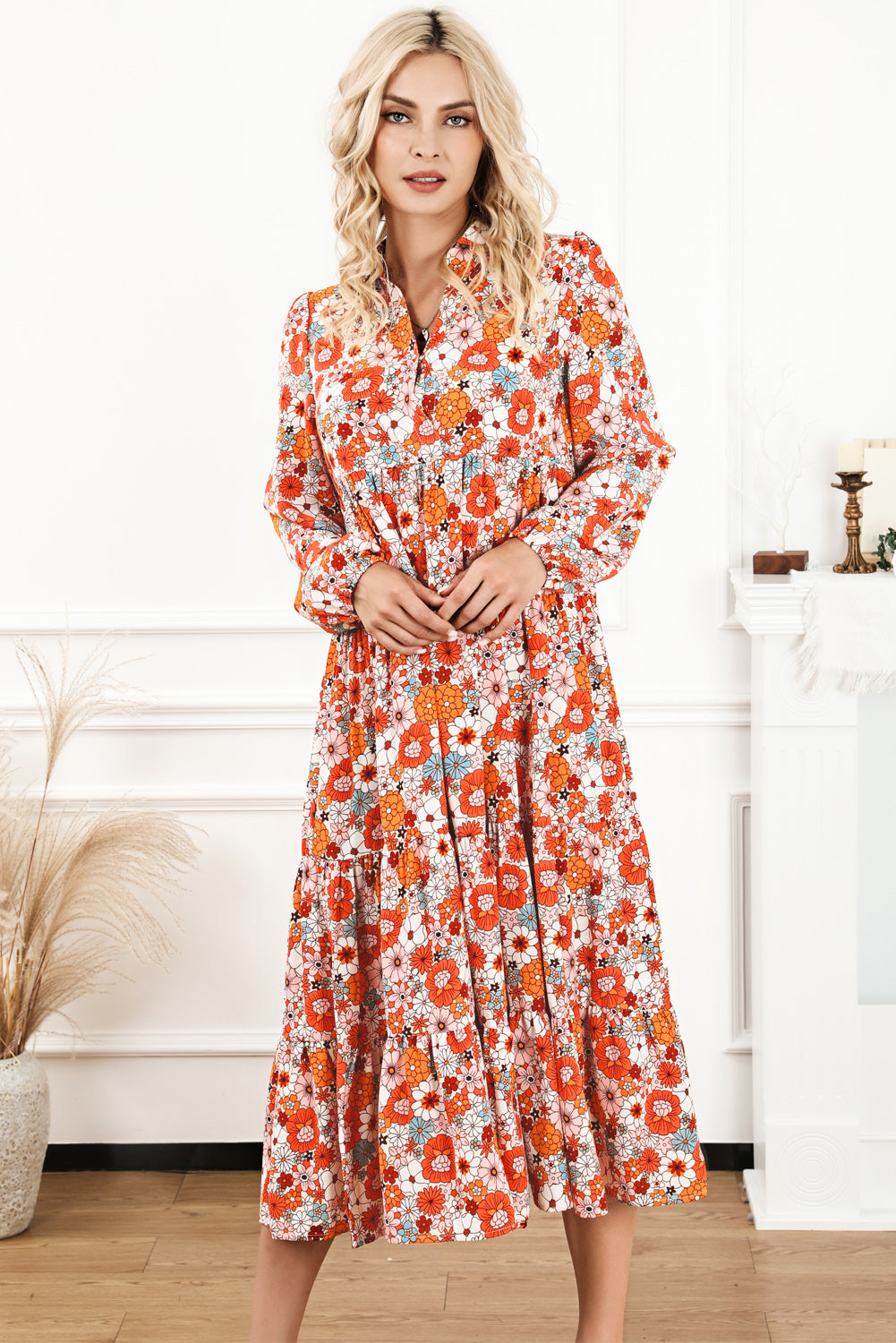 Yellow Boho Floral Collared Long Sleeve Ruffled Dress