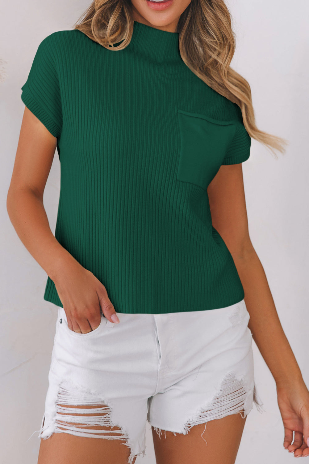 Blackish Green Patch Pocket Ribbed Knit Short Sleeve Sweater Dress