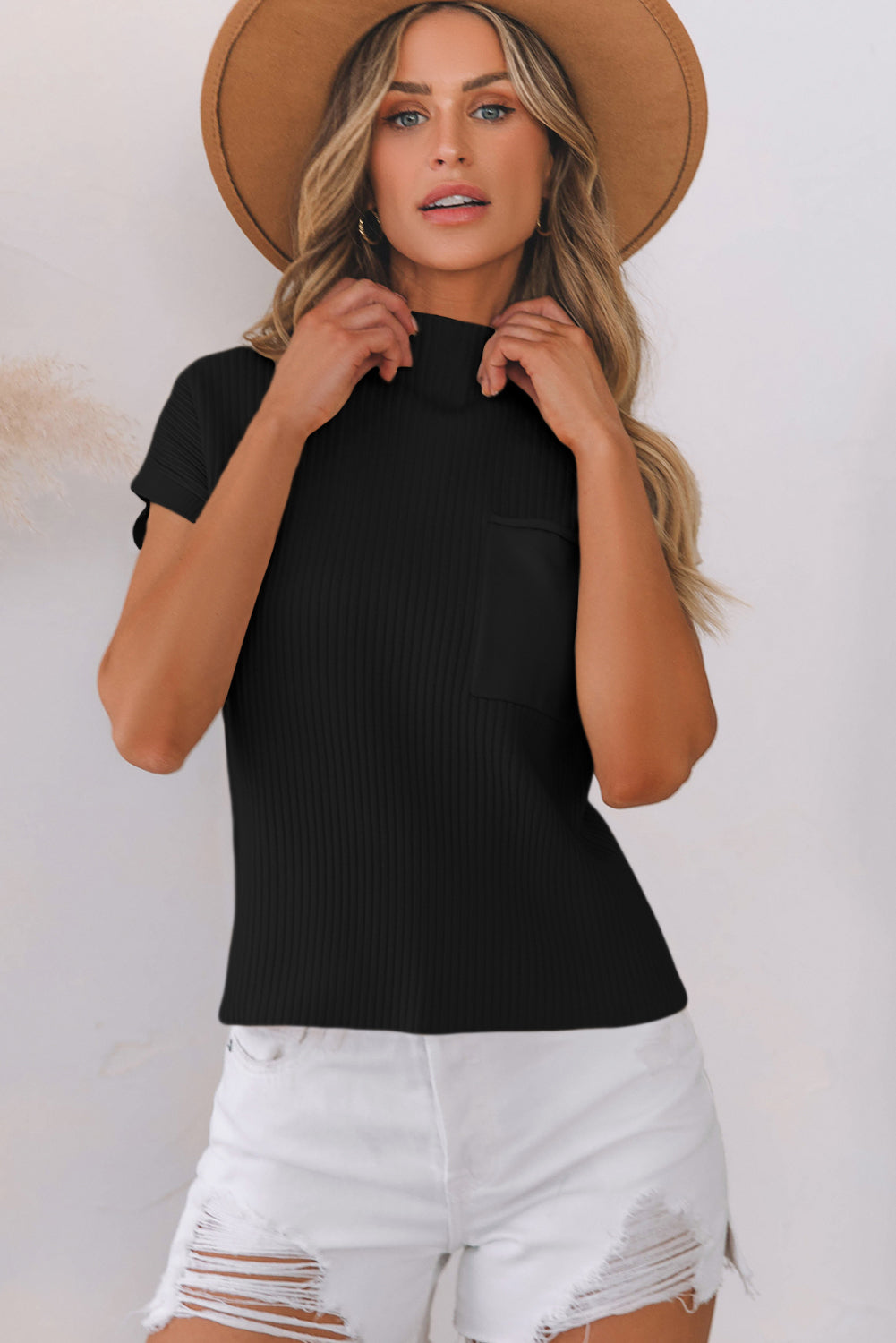Blackish Green Patch Pocket Ribbed Knit Short Sleeve Sweater Dress