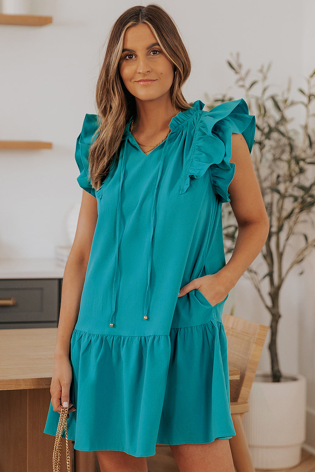 Black Tiered Ruffled Sleeves Mini Dress with Pockets