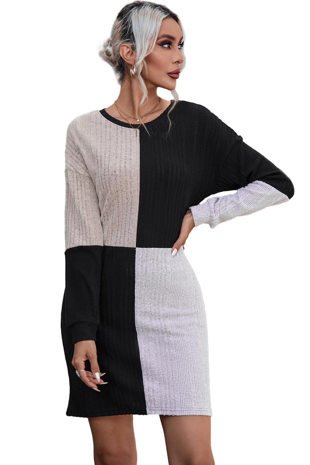 Black Color Block Drop Shoulder Rib Knit Mini Dress
