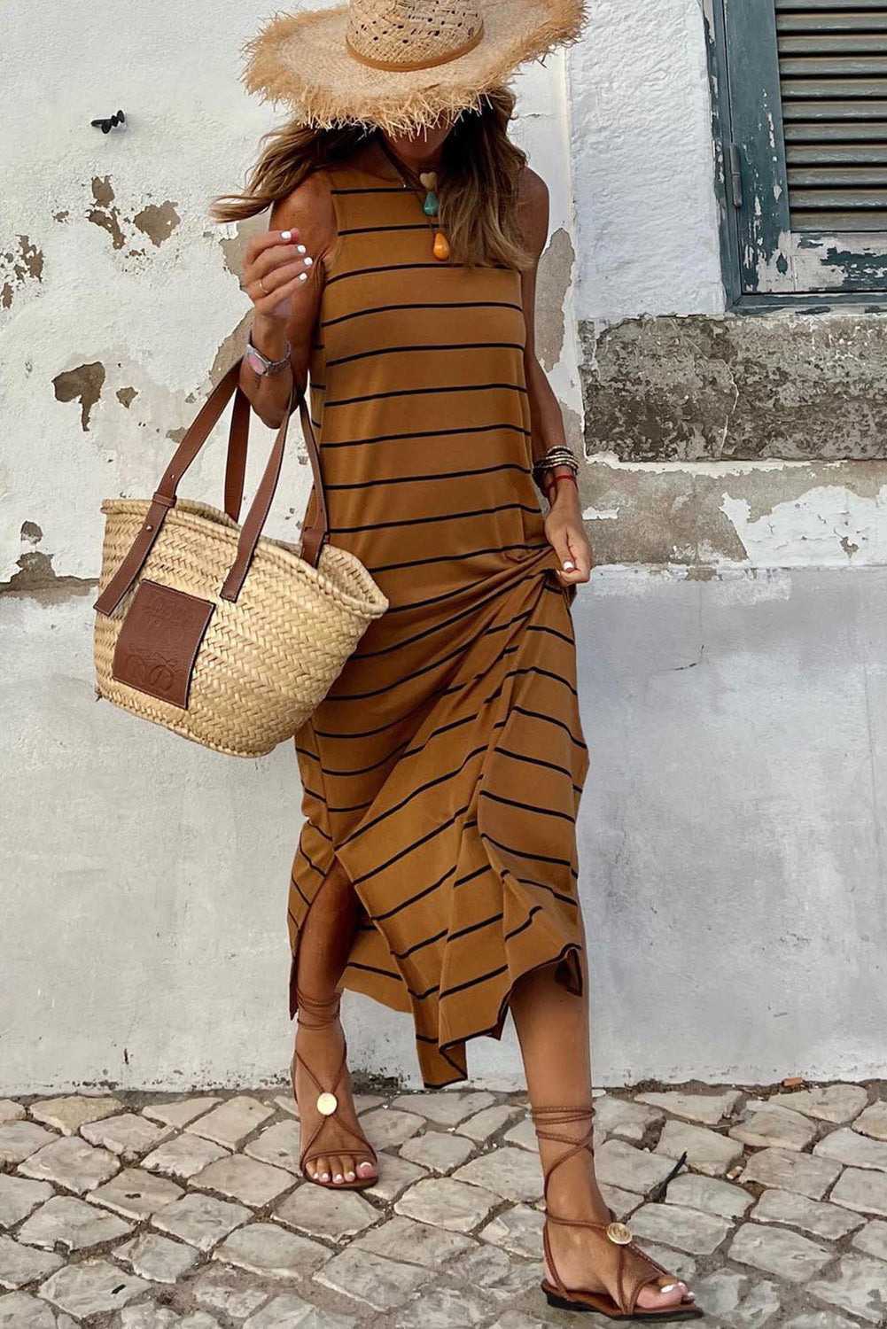 Black Stripe Print Open Back Sleeveless Maxi Dress with Slits